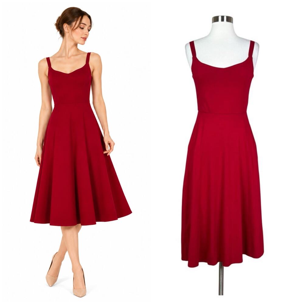 Cobalt District | Red Fit Flare Sleeveless Scoop Neck Simple Pocket Midi Dress M